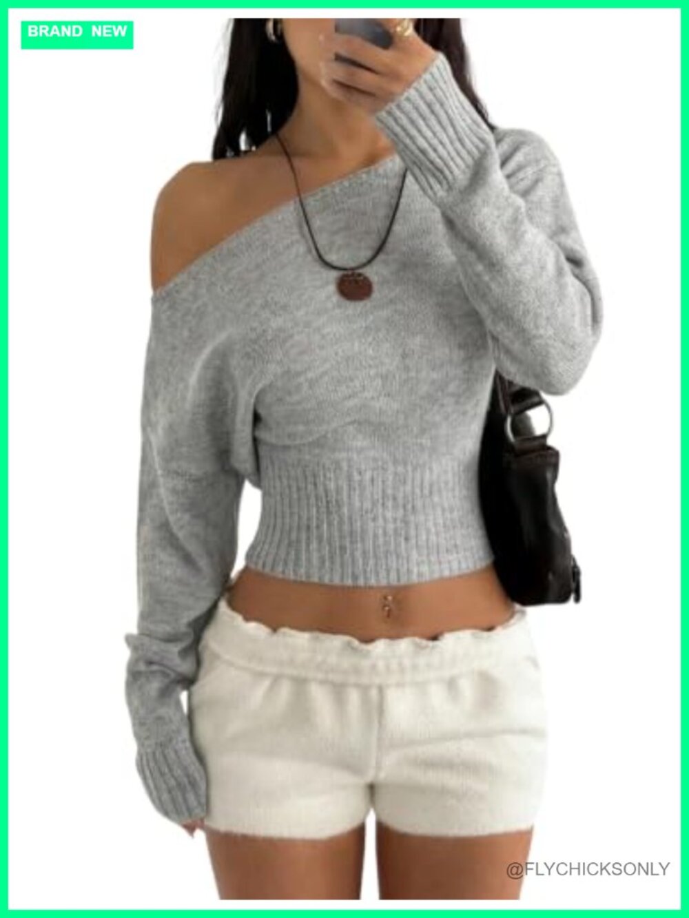 Off Shoulder Knit Pullover Sweater Long Sleeve Cinched Waist Women's